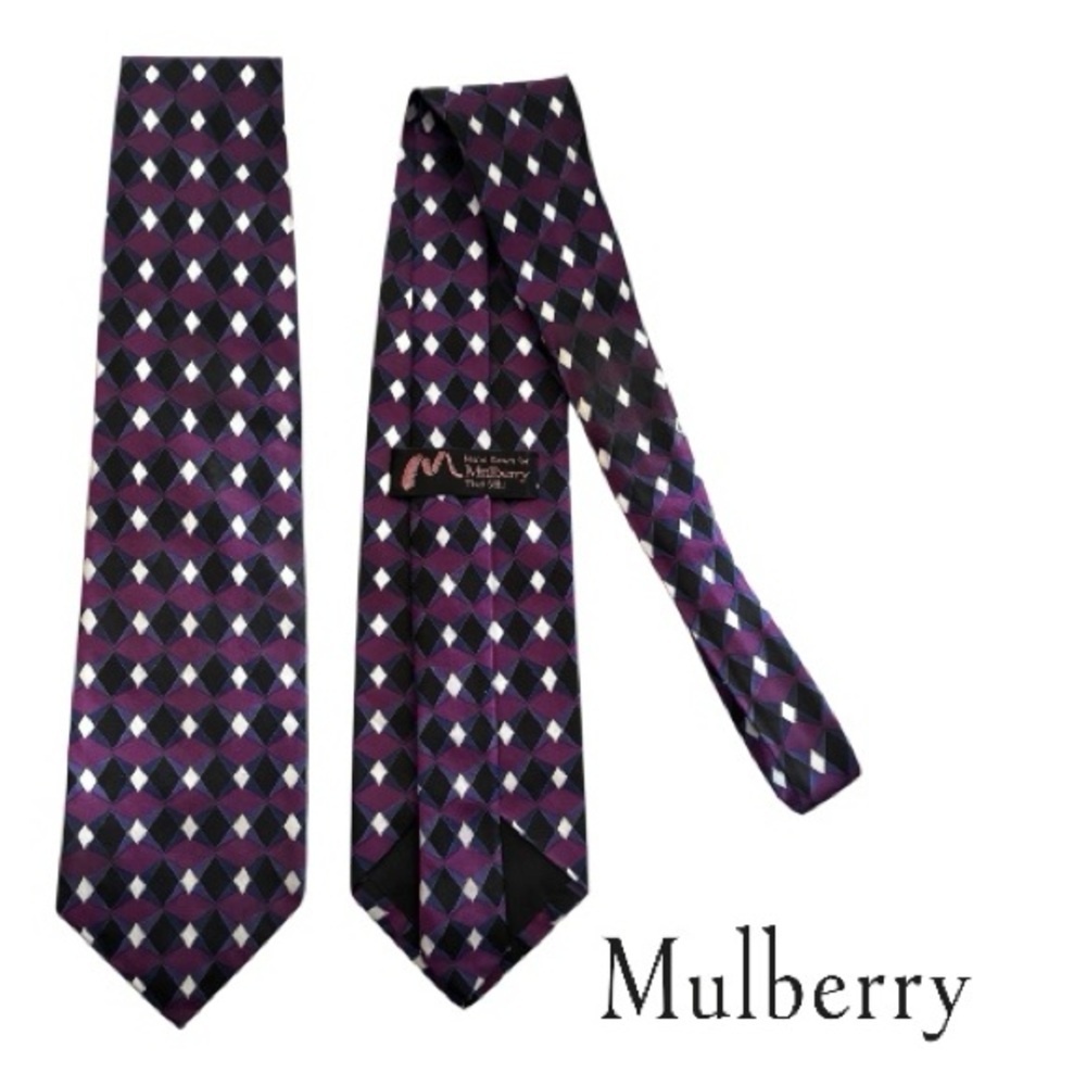 Vtg 80s Mulberry Silk Geometric Purple and Black Tie